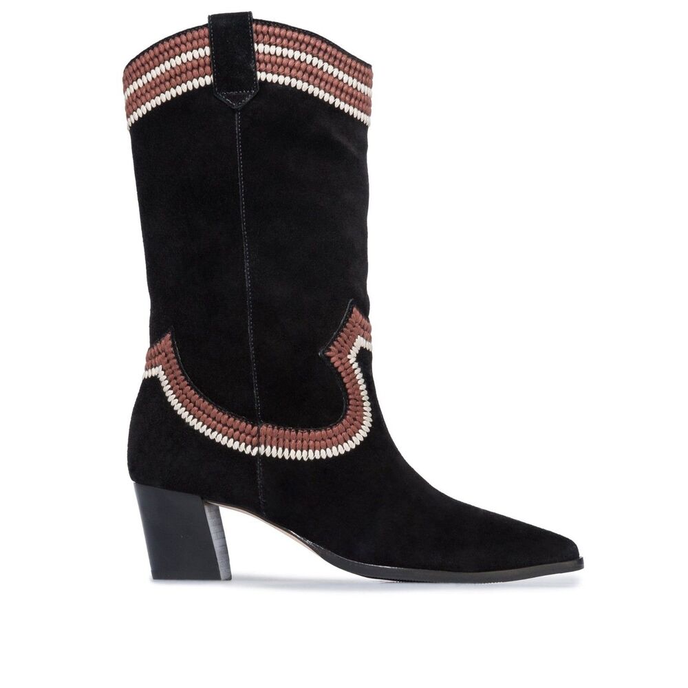Suede Black Embroidered Stitch Boot Size 11 Sleek Cowgirl, Bohemian City Moto